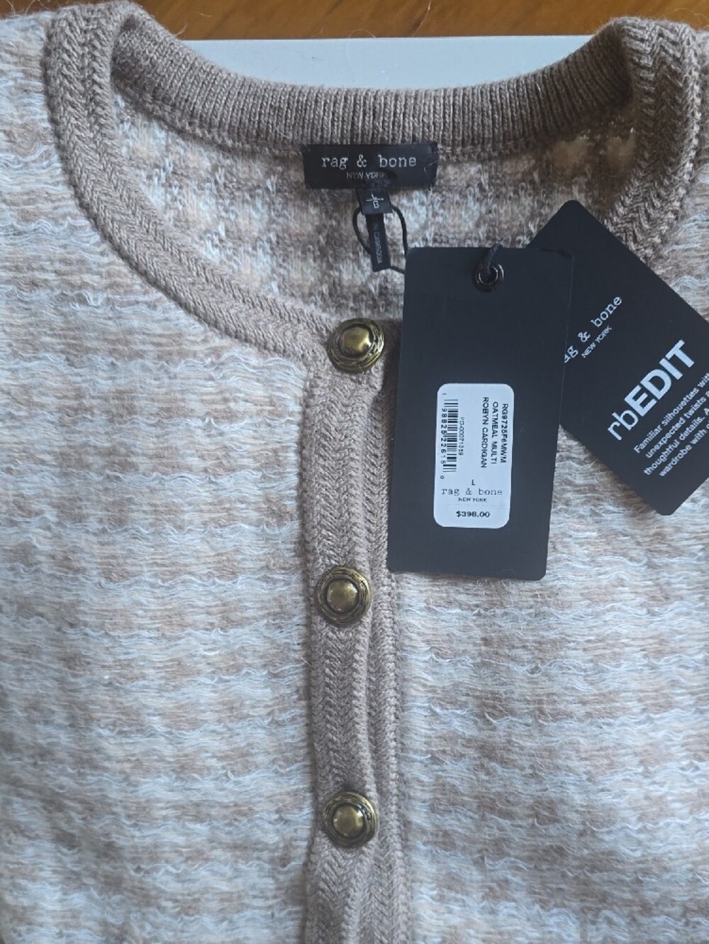NWT rag & bone Robyn Tweed Cardigan Oatmeal Multi Gold Button Size Large - Picture 8 of 8